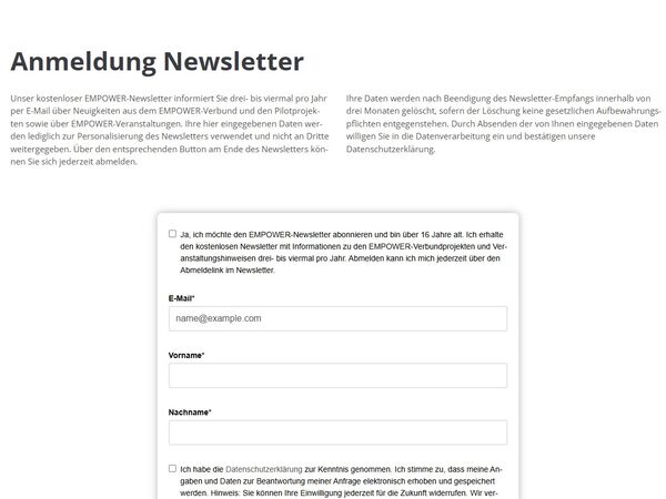 Screenshot Online-Anmeldeformular EMPOWER-Newsletter